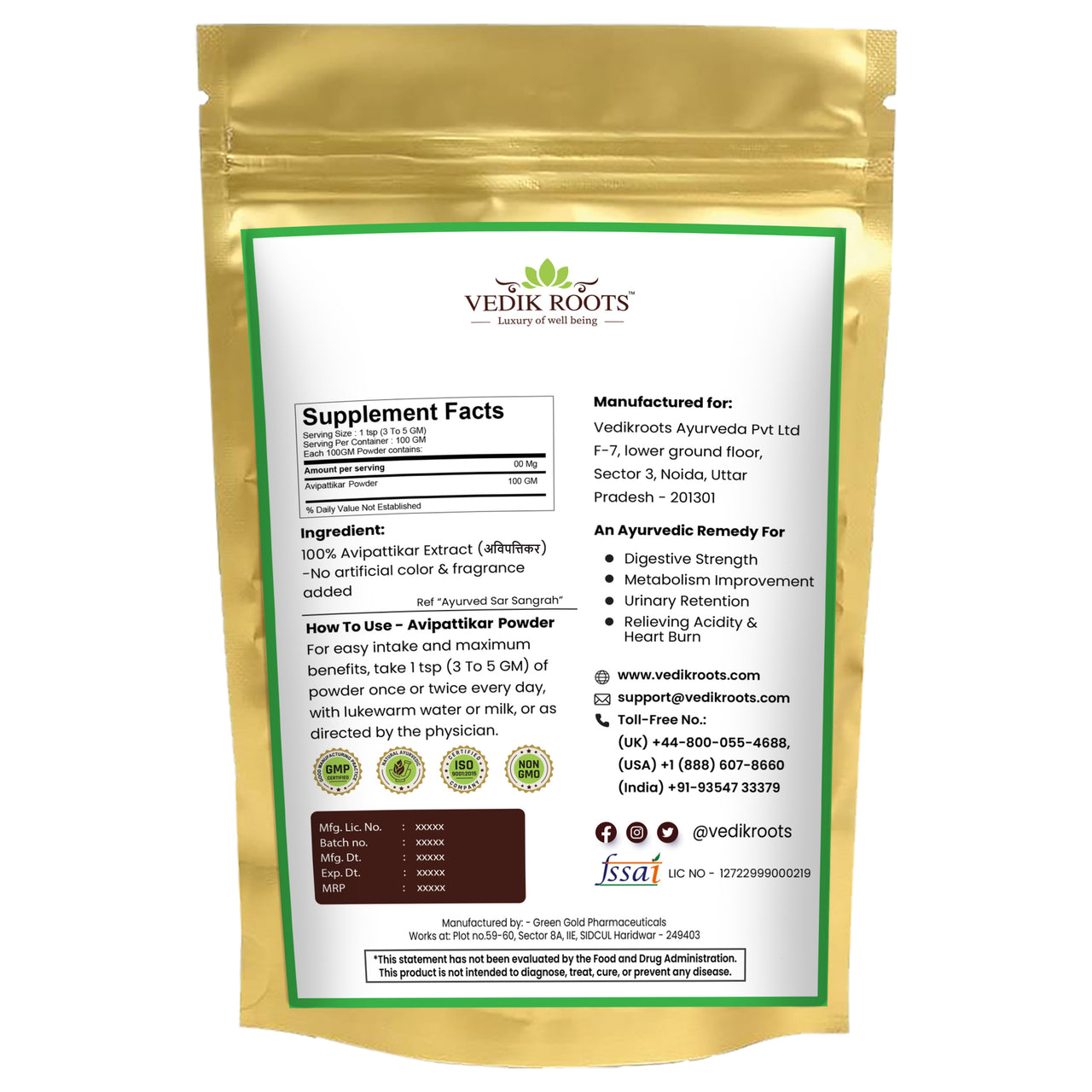 100% Pure Avipattikar Powder | Organic without artificial color & Fragrance | Vedikroots Ayurveda