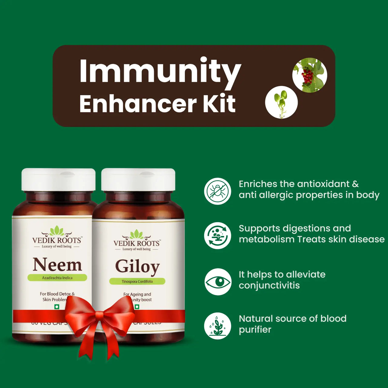 Vedikroots Immunity Enhancer Kit (Neem+Giloy Each 60 Capsules)
