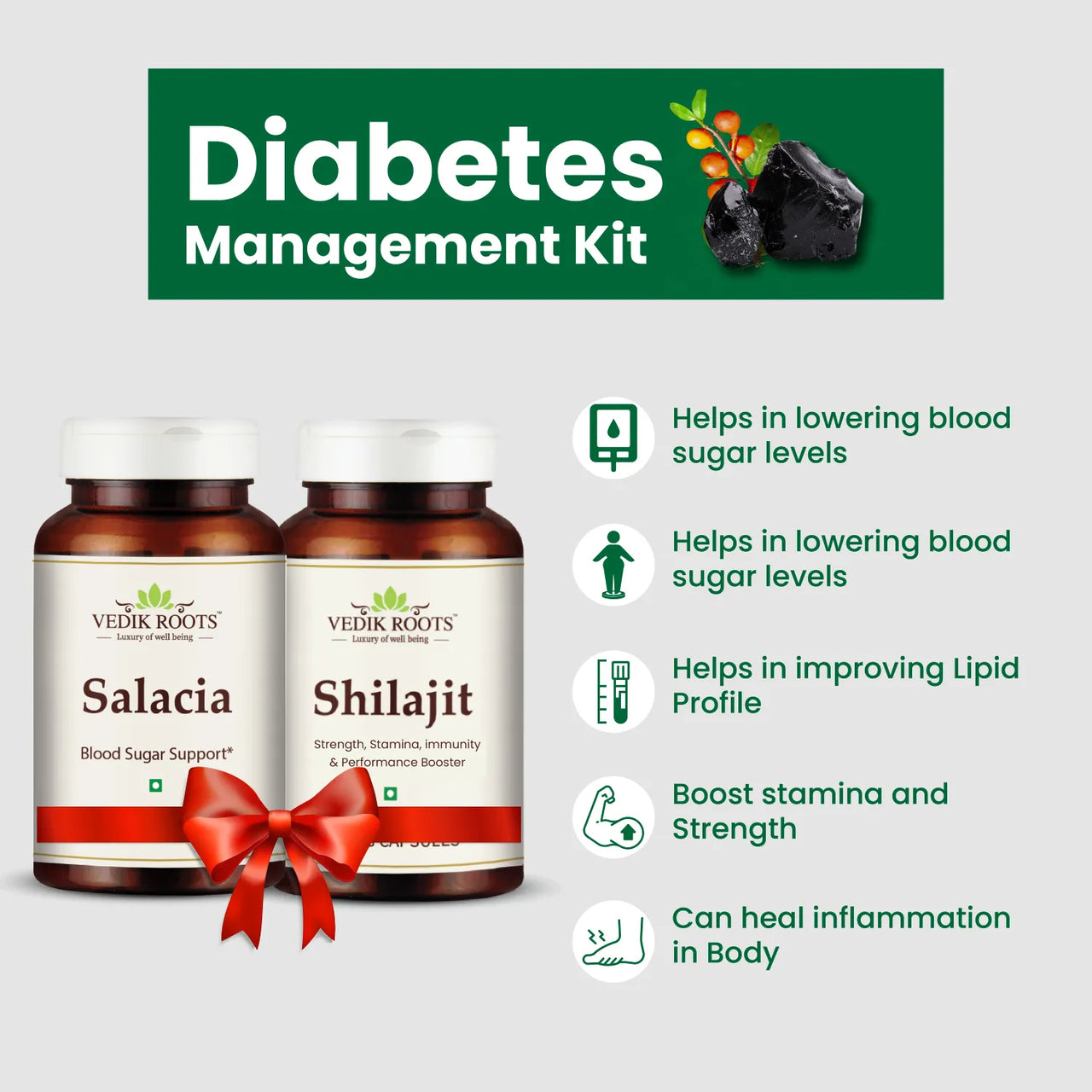Diabetes Management Kit: Combo Pack of Salacia & Shilajit | Vedikroots Ayurveda