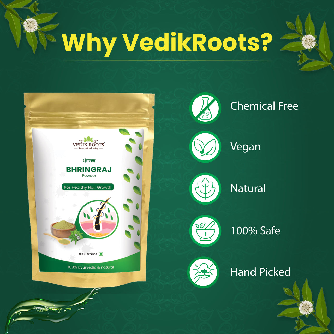 Bhringraj Powder: Chemical Free, Vegan, Natural, 100% Safe, Hand Picked | Vedikroots Ayurveda