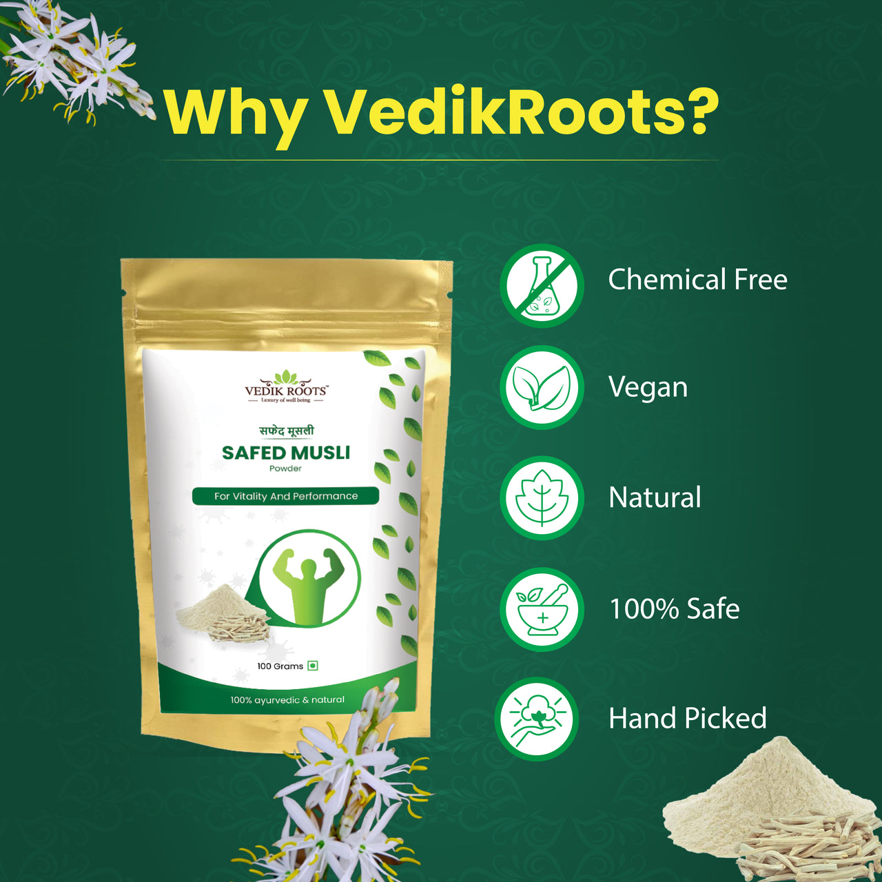 Why to Buy Pure Safed Musli Powder | Vedikroots Ayurveda